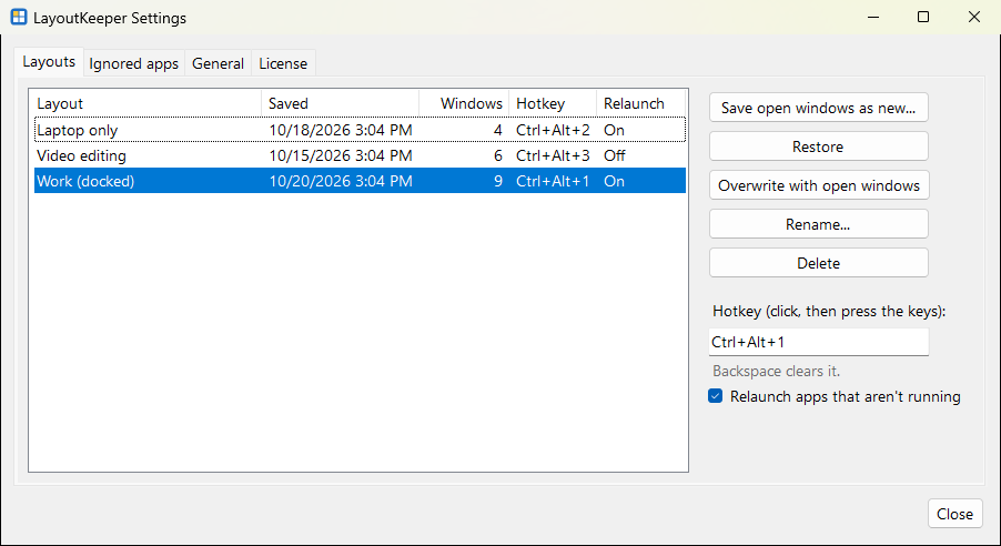 LayoutKeeper settings window listing three saved layouts – Work (docked), Laptop only and Video editing – with their hotkeys